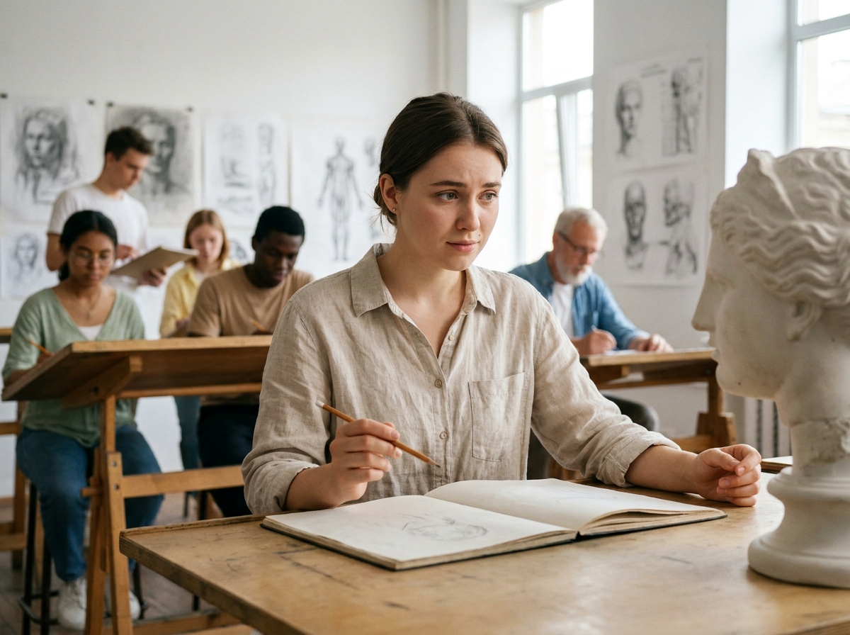 Étudiante en cours de dessin dans une école d'art entourée de camarades autour d'une table de travail avec esquisses au mur