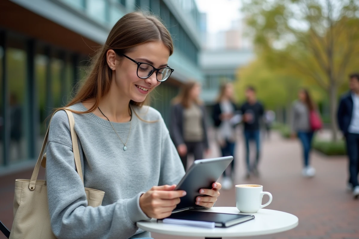 Nouvelle étudiante de Sigma Clermont utilisant l'ENT sur une tablette en terrasse du campus