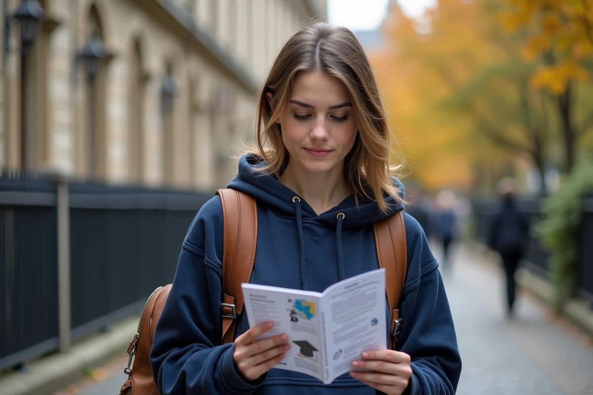 Étudiante française consultant un classement des meilleures universités du monde sur un campus européen historique