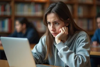 Étudiante frustrée devant son ordinateur portable essayant de récupérer son mot de passe sur un portail universitaire