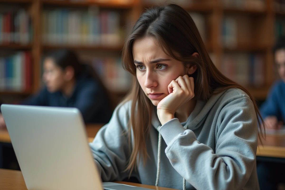 Étudiante frustrée devant son ordinateur portable essayant de récupérer son mot de passe sur un portail universitaire