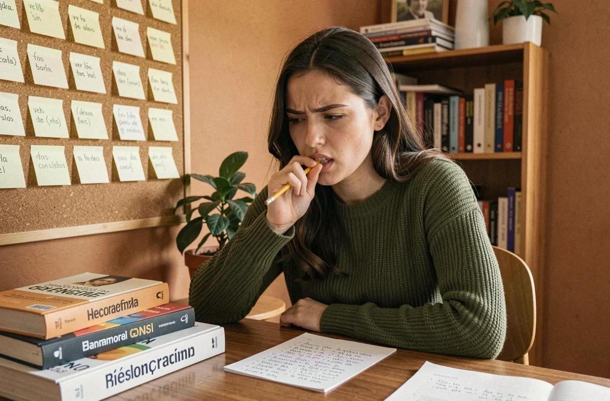 Étudiante concentrée sur la conjugaison du passé simple du verbe tener en espagnol, entourée de livres de grammaire et de notes manuscrites sur un bureau en bois