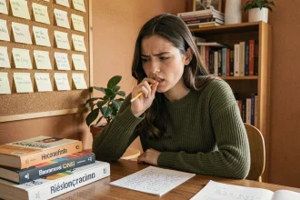 Étudiante concentrée sur la conjugaison du passé simple du verbe tener en espagnol, entourée de livres de grammaire et de notes manuscrites sur un bureau en bois