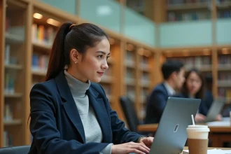 Étudiante utilisant le portail LEO UGA sur un ordinateur portable dans une bibliothèque universitaire