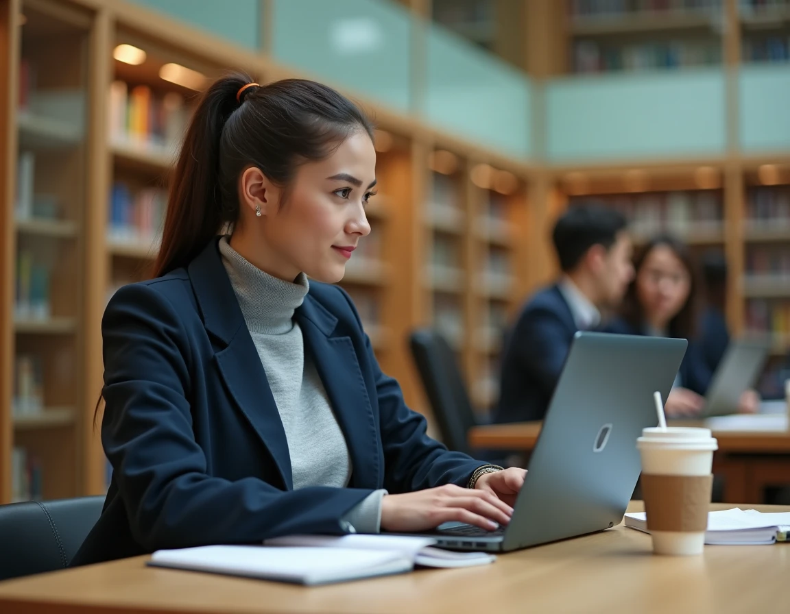 Étudiante utilisant le portail LEO UGA sur un ordinateur portable dans une bibliothèque universitaire