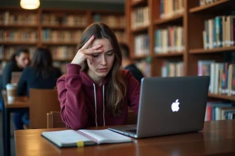 Étudiante frustrée devant un écran d'erreur de connexion sur l'ENT de l'université Nanterre dans une bibliothèque universitaire