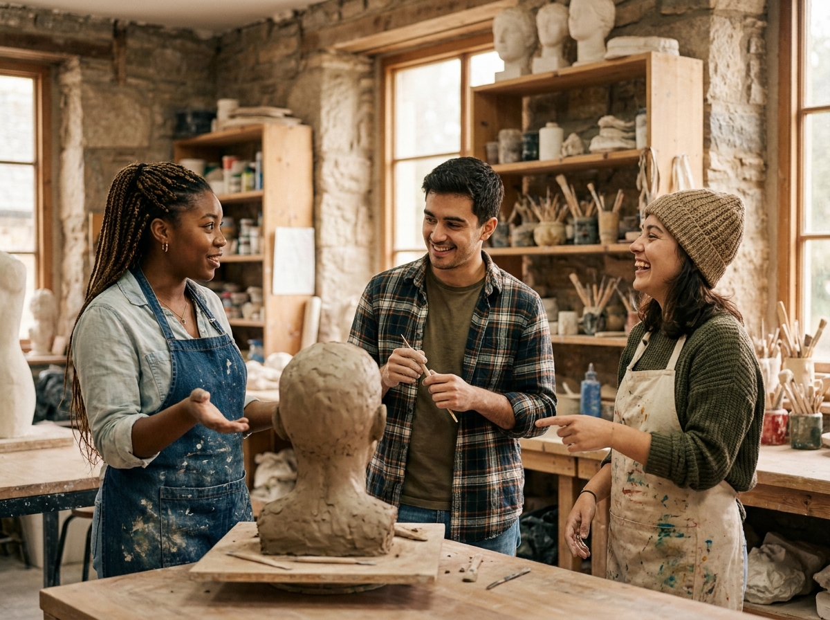 Groupe d'étudiants en beaux-arts travaillant ensemble sur une sculpture en argile dans un atelier, illustrant les parcours artistiques accessibles après le bac général ou technologique