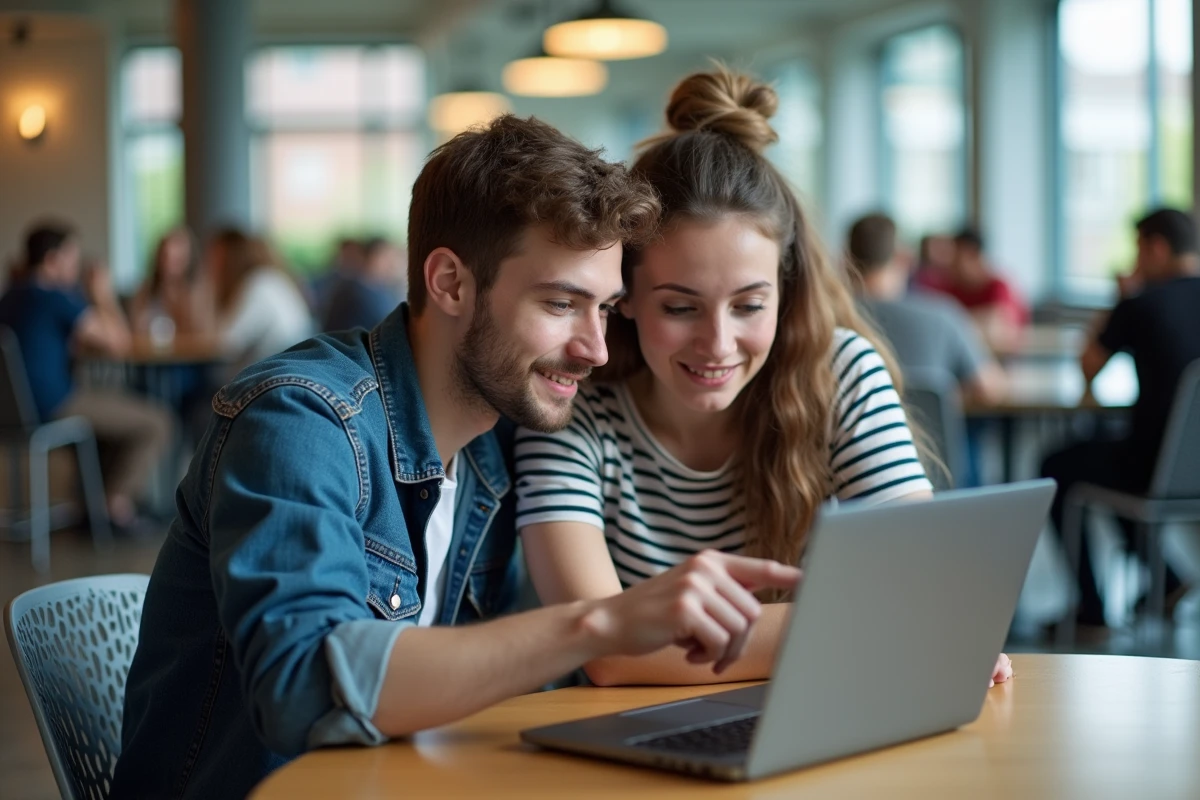 Deux étudiants révisant ensemble le code de la route en ligne sur un ordinateur portable à la cafétéria universitaire