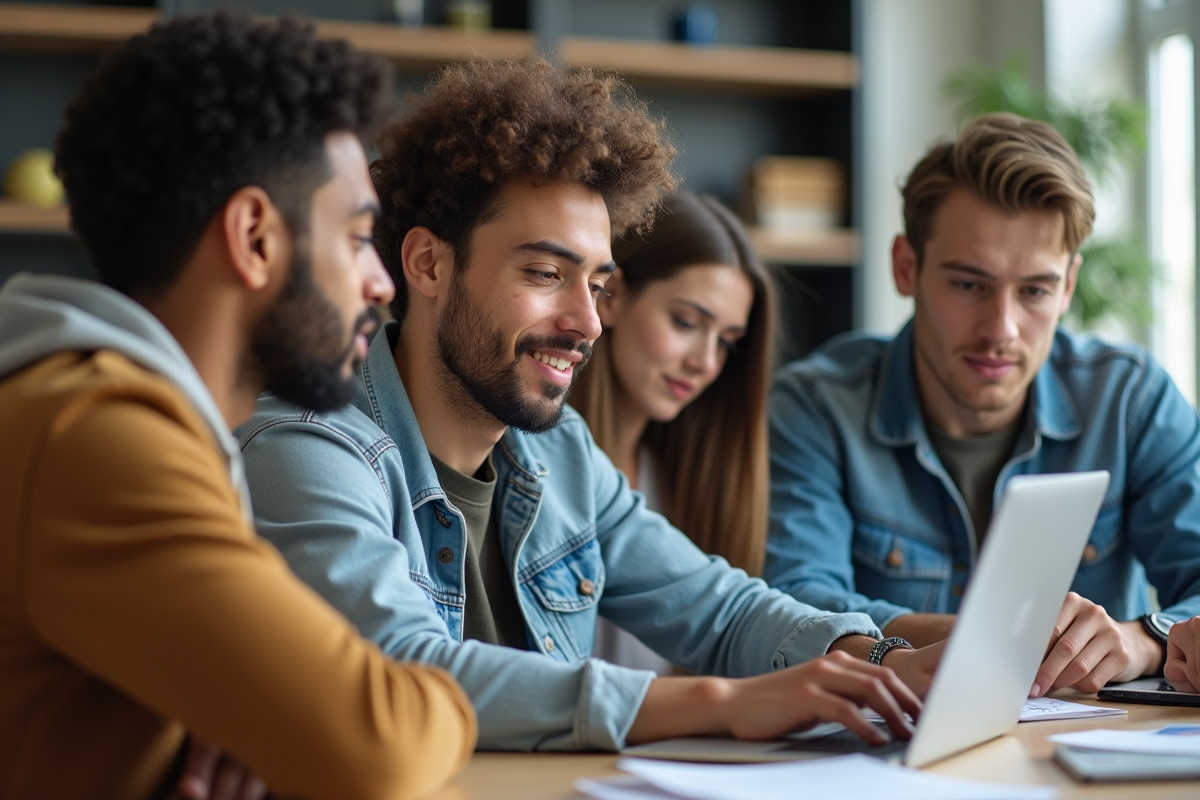 Groupe d'étudiants universitaires collaborant autour d'un ordinateur