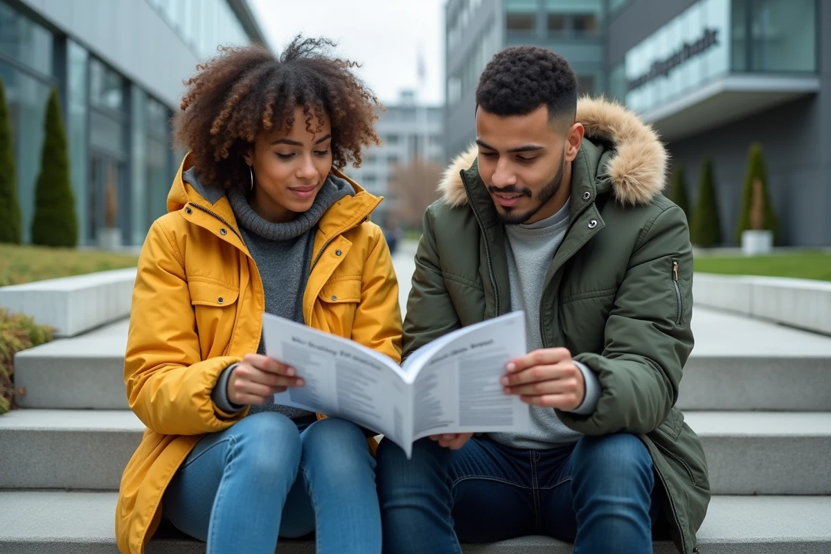 Deux étudiants discutant du classement des universités mondiales 2026 sur le campus d'une université internationale