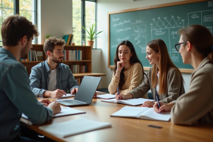 Groupe d'étudiants en discussion dans une salle lumineuse