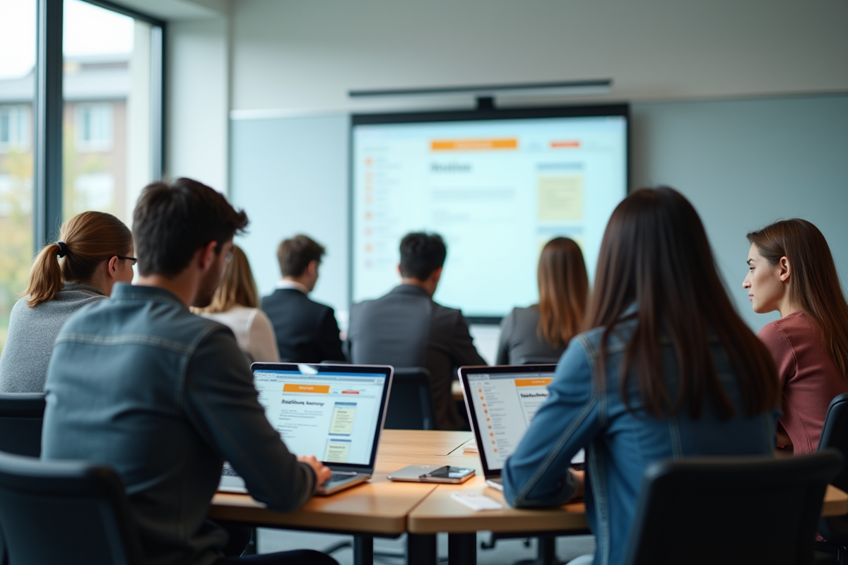 Groupe d'étudiants divers utilisant des laptops en classe lumineuse