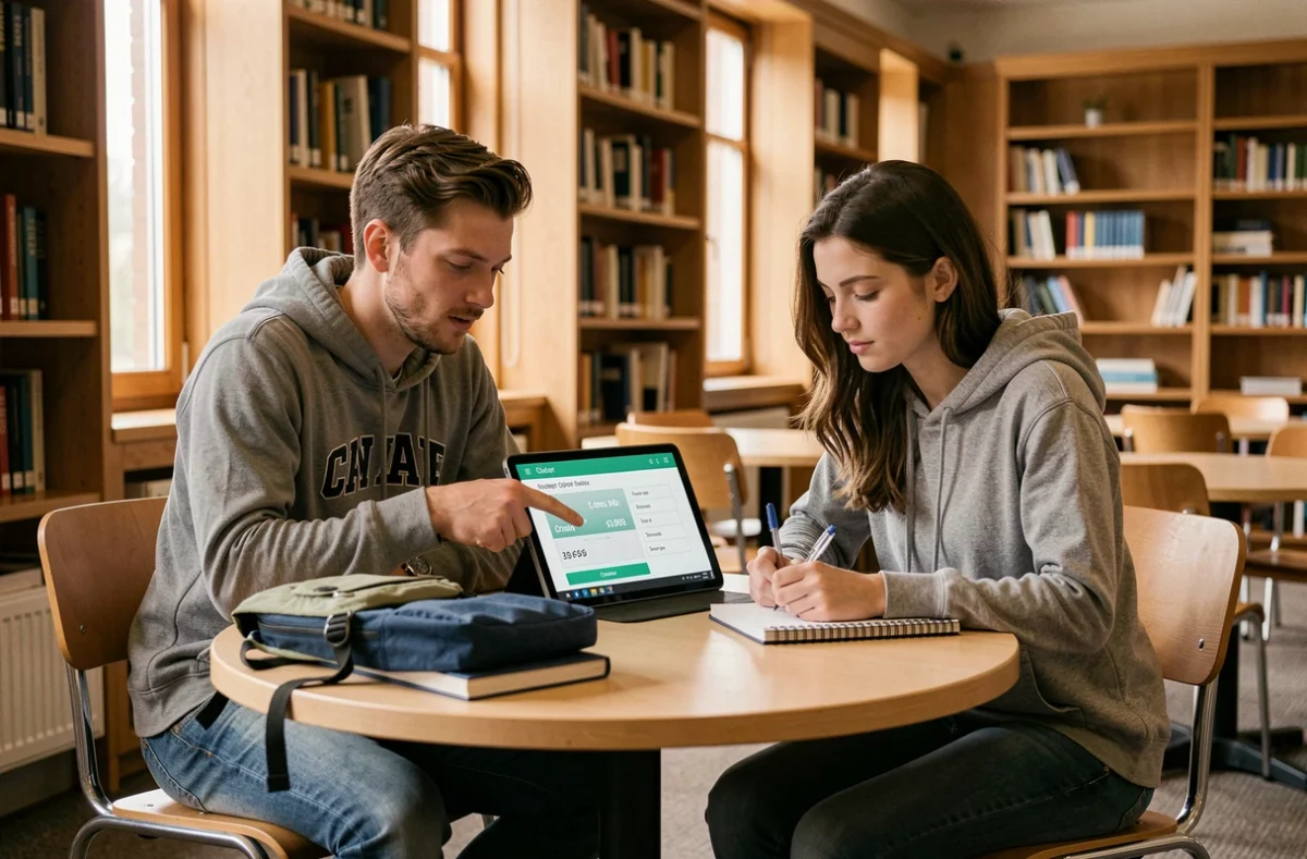 Deux étudiants adultes simulant le coût d'une formation Cnam et explorant les options de financement dans une bibliothèque universitaire