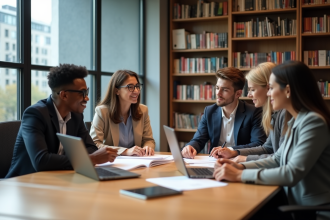 Groupe d'étudiants universitaires en bibliothèque