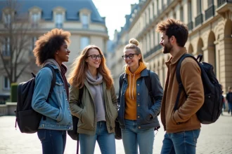 Groupe d'étudiants parisiens souriants devant un bâtiment moderne