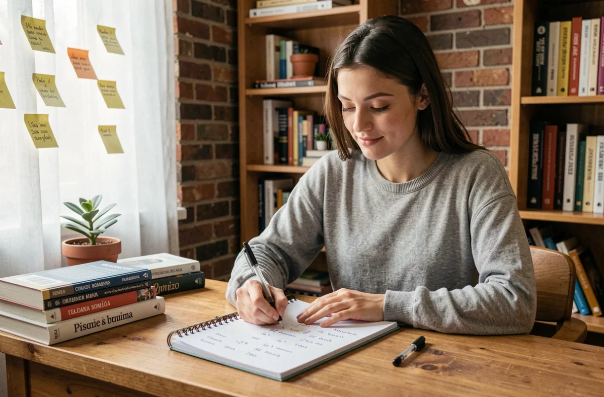 Jeune femme étudiant le conditionnel présent espagnol dans un cahier posé sur un bureau en bois entouré de livres de grammaire