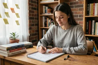 Jeune femme étudiant le conditionnel présent espagnol dans un cahier posé sur un bureau en bois entouré de livres de grammaire