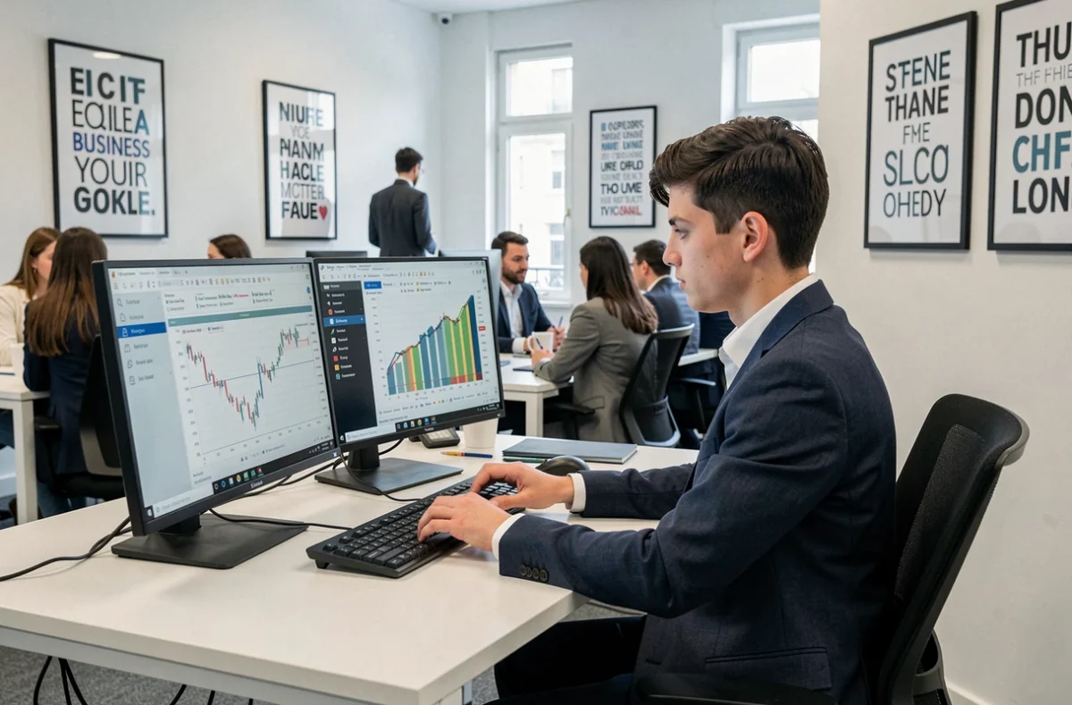 Étudiant travaillant sur un poste informatique dans les locaux d'Euclea Business School