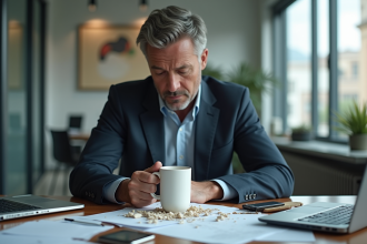 Homme d'affaires en costume dans un bureau moderne avec mug cassé