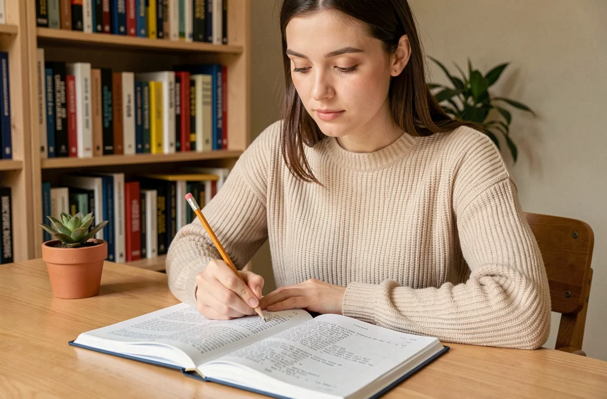 Jeune femme concentrée faisant des exercices de grammaire française sur les verbes irréguliers en IR dans un cahier ouvert