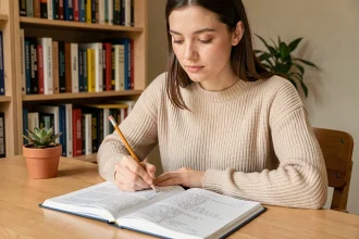 Jeune femme concentrée faisant des exercices de grammaire française sur les verbes irréguliers en IR dans un cahier ouvert