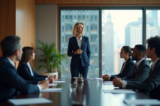 Femme d'affaires en costume navy lors d'une réunion en entreprise