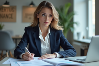Femme d'affaires confiante en blazer navy dans un bureau lumineux