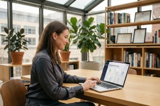 Femme d'affaires utilisant une plateforme digitale dans un bureau lumineux