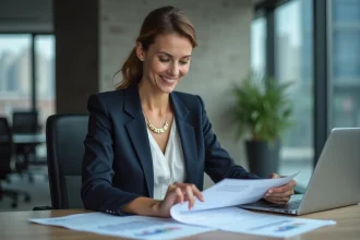 Femme d'affaires souriante dans un bureau moderne