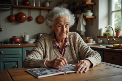 Femme âgée feuilletant un album photo nostalgique