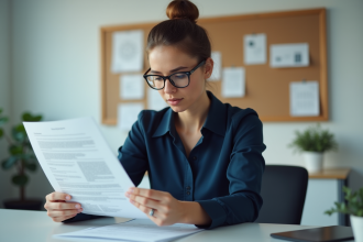 Femme concentrée en réunion dans un bureau moderne