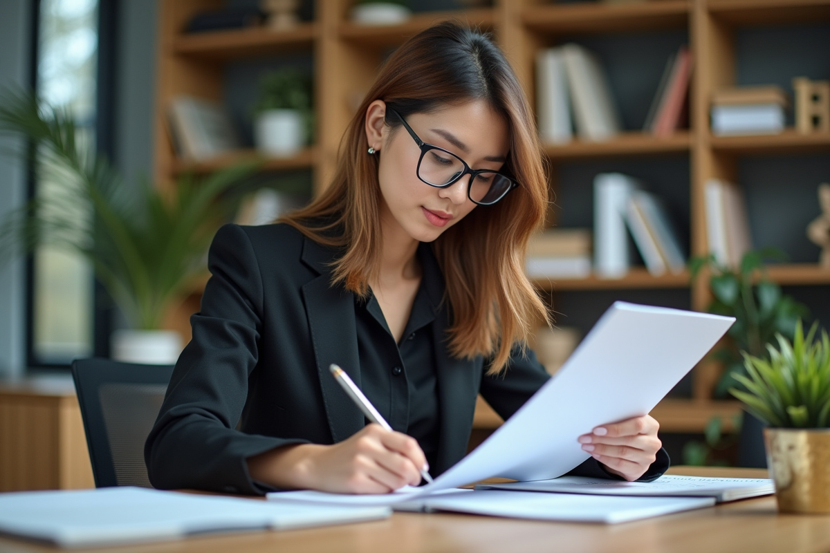 Femme en blazer examinant des documents dans un bureau moderne
