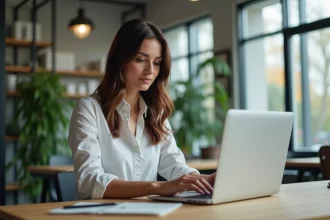 Femme concentrée sur son ordinateur dans un bureau lumineux