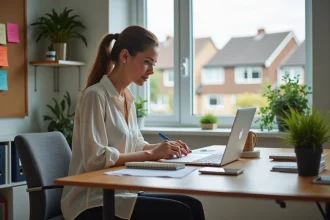 Femme concentrée dans son bureau à domicile moderne
