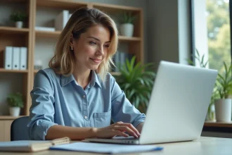 Femme professionnelle travaillant sur un logiciel de mailing dans un bureau lumineux