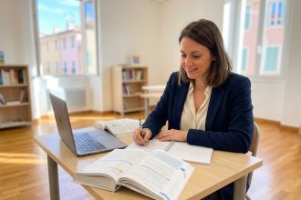 Femme concentrée dans un bureau lumineux à Menton