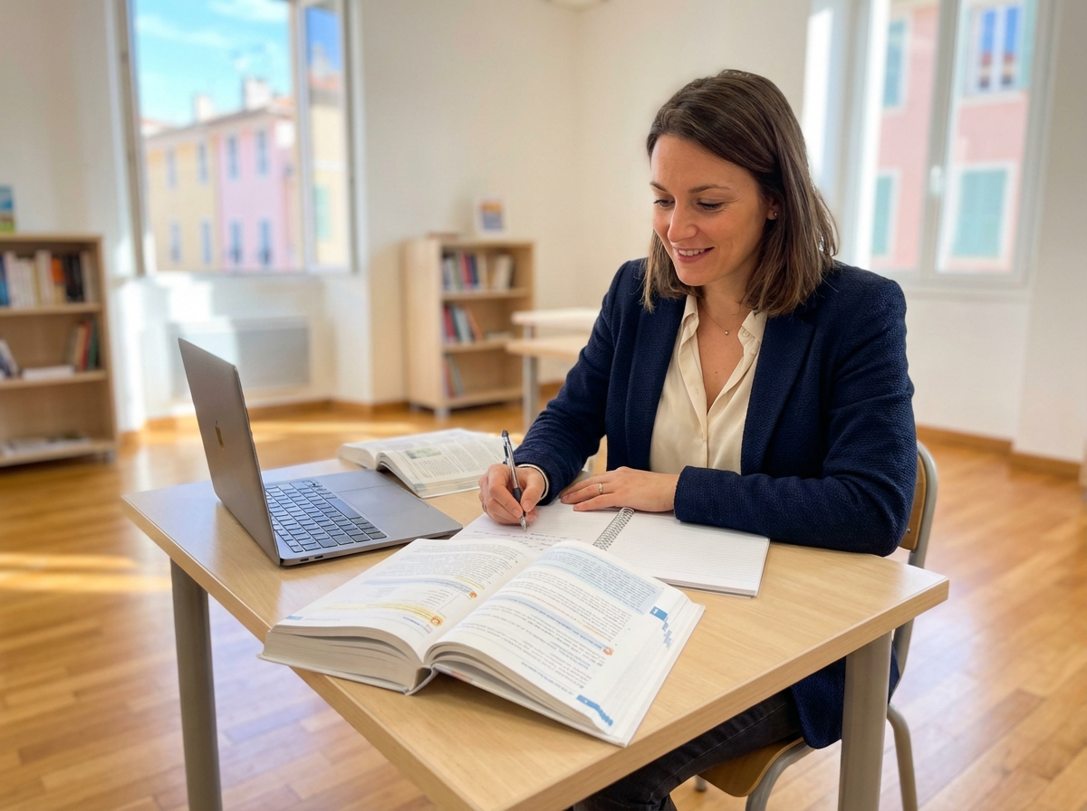 Femme concentrée dans un bureau lumineux à Menton
