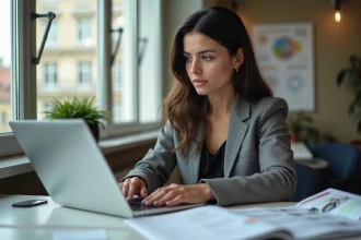 Jeune femme en bureau à Paris travaillant sur documents marketing