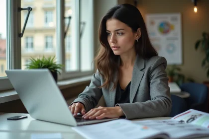 Jeune femme en bureau à Paris travaillant sur documents marketing