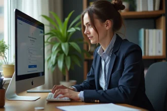 Femme en bureau professionnel regardant l'écran