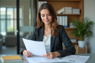 Femme en blazer dans un bureau lumineux et moderne