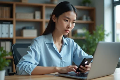 Jeune femme au bureau utilisant son smartphone et ordinateur
