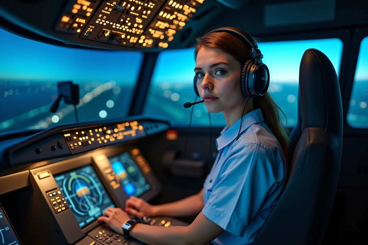 Jeune femme cadet Air France aux commandes d'un simulateur de vol lors d'une étape de sélection en 2026