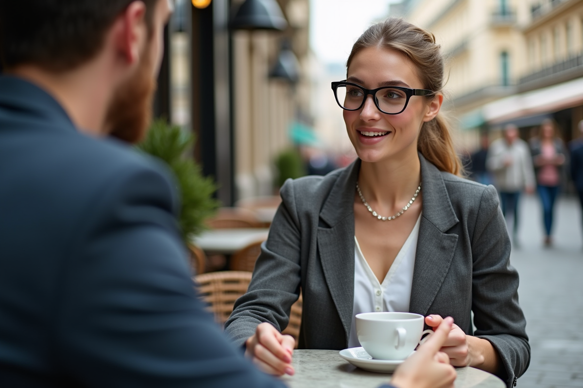 Jeune femme parlant au café en extérieur dans la ville