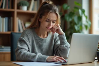 Femme consultant un relevé bancaire sur son ordinateur portable avec une expression préoccupée, découvrant une facturation inattendue d'abonnement email