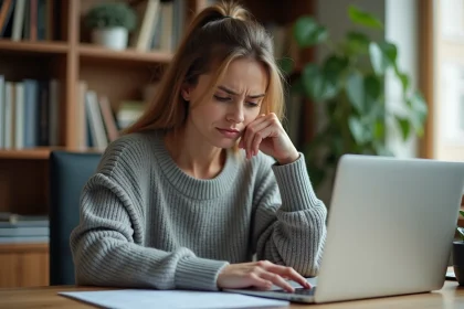 Femme consultant un relevé bancaire sur son ordinateur portable avec une expression préoccupée, découvrant une facturation inattendue d'abonnement email