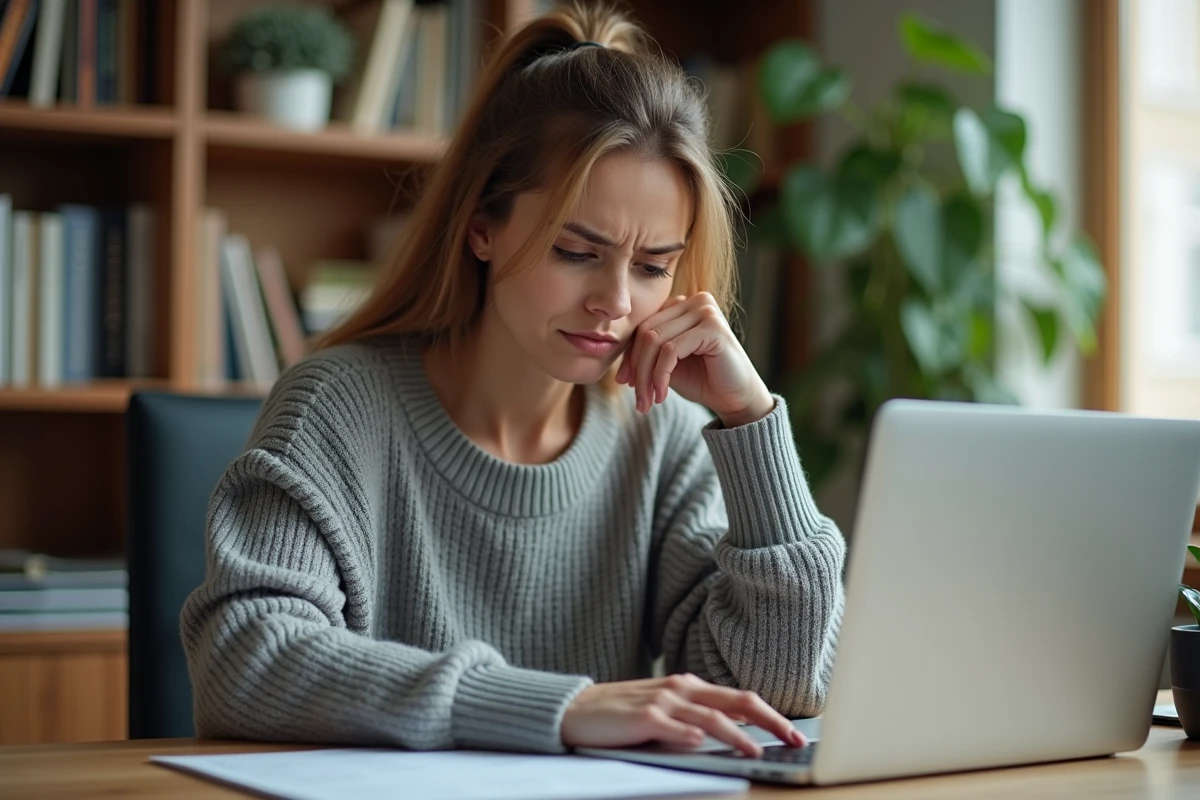 Femme consultant un relevé bancaire sur son ordinateur portable avec une expression préoccupée, découvrant une facturation inattendue d'abonnement email