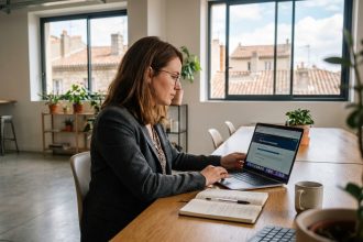 Femme concentrée sur son ordinateur dans un espace coworking moderne