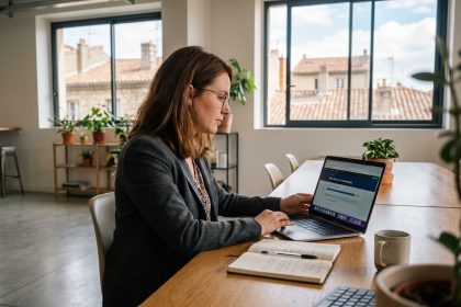 Femme concentrée sur son ordinateur dans un espace coworking moderne