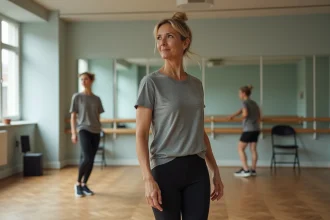 Femme adulte débutante en cours de danse apprenant une chorégraphie simple dans un studio de danse avec parquet en bois et grands miroirs